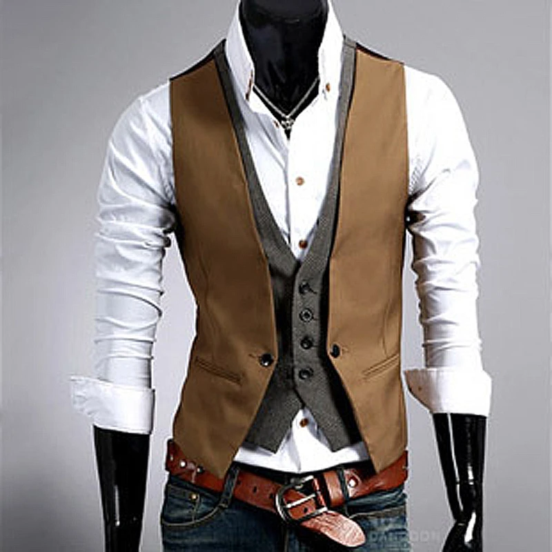 Fake Two Piece Mens Suit Vest Slim Casual Business Gentlemen Men Waistcoat Groomman Wedding Mens Gilet Oversized Steampunk Vests 3