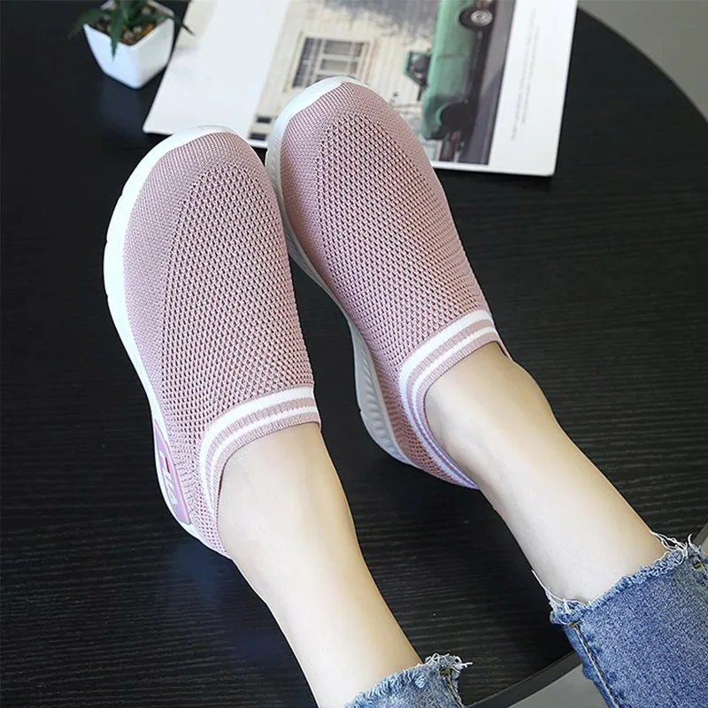 Женские трикотажные повседневные кроссовки, женские сетчатые туфли на плоской подошве с мягким носком, удобная женская обувь без застежки размера плюс - Цвет: pink