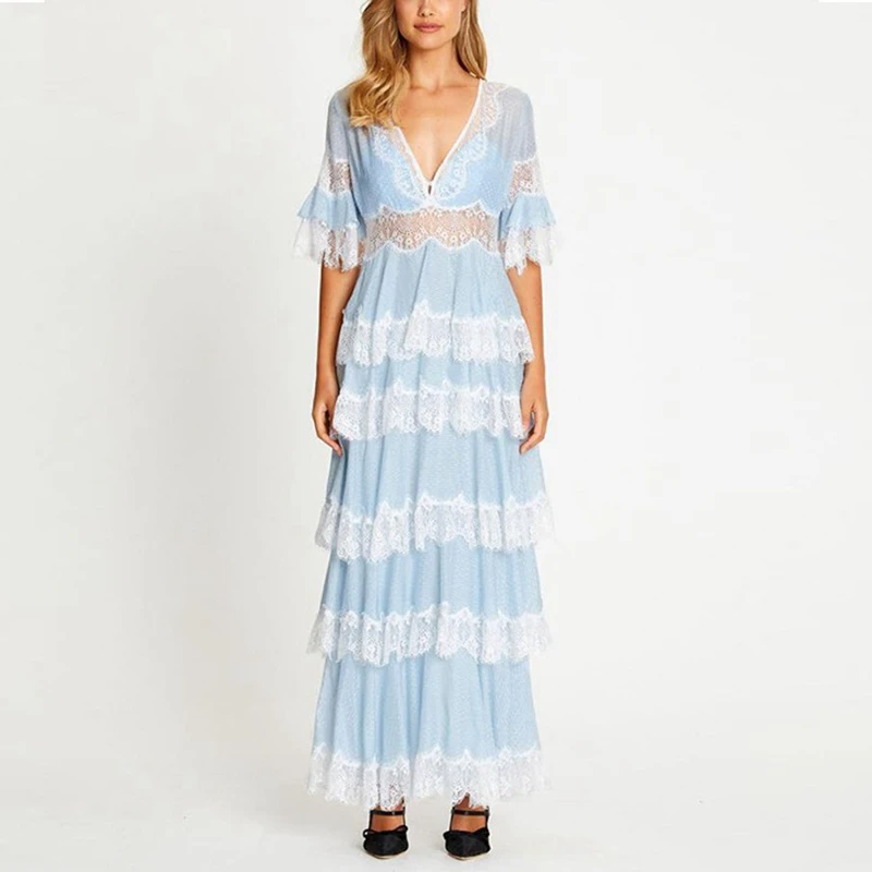 2019 Designer Women V Neck Lace Dress Blue White Autumn Maxi Cake Dresses Female High Quality Runway Holiday Party Boho |
