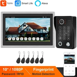 HomeFong Vidéophone WiFi, fonctionne avec Alexa, système d'interphone domestique Tuya sans fil, écran tactile de 10 pouces, sonnette à empreinte digitale avec caméra 1080P 
