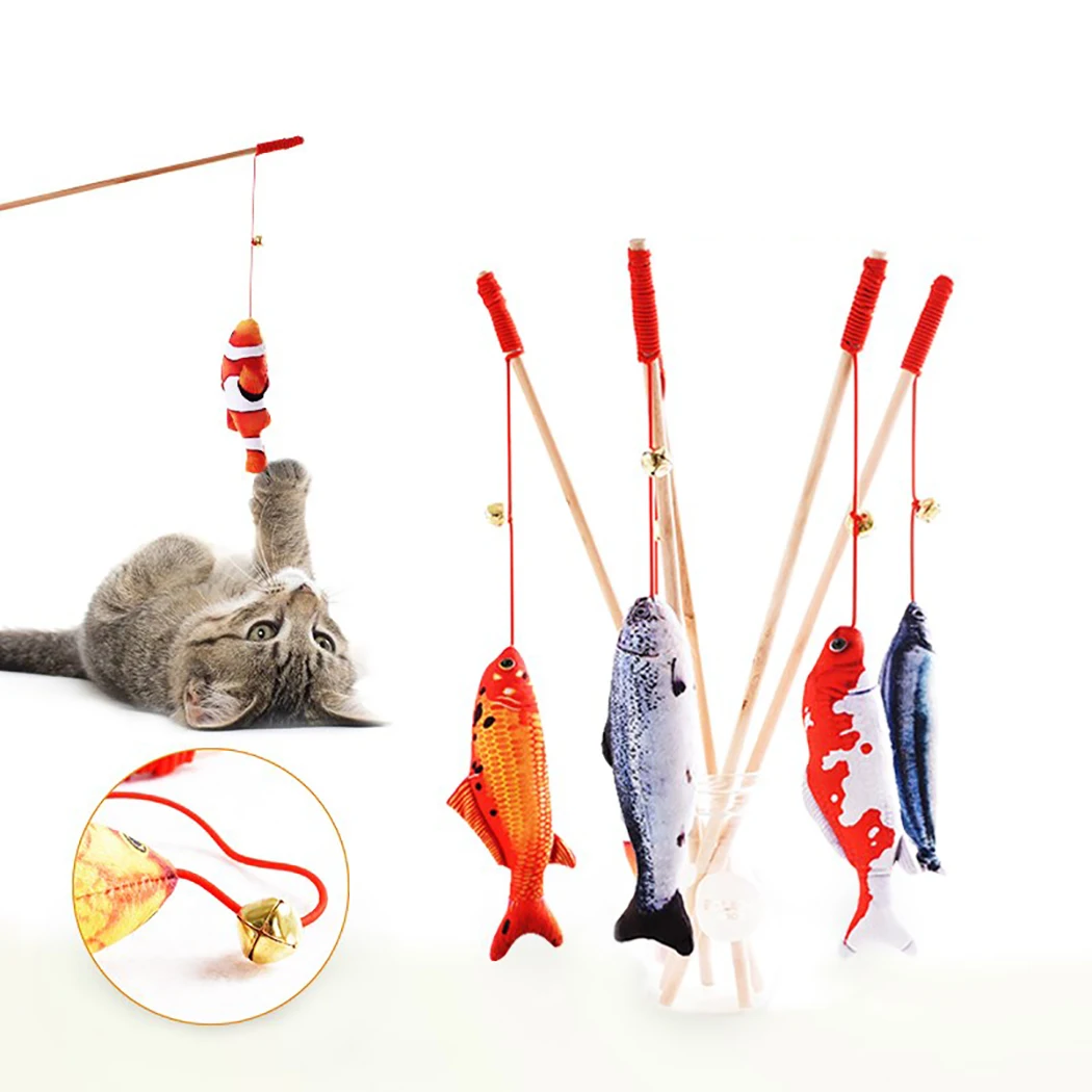 

Funny Cat Teaser Wand Creative Realistic Fish Bell Cat Teaser Toy Cat Interactive Pet Training Supplies Fish With Wooden Stick