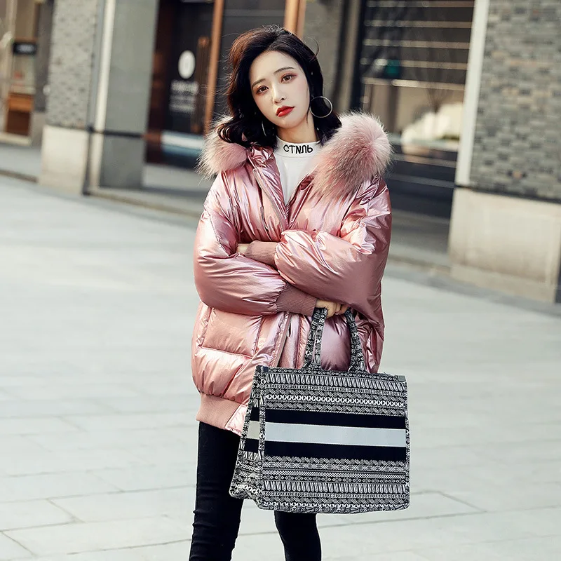 

2019 Winter New Style Korean-style Thick Warm Commuting Long Sleeve Large Fur Collar Hooded Solid Color Bright Skin Cotton-padde