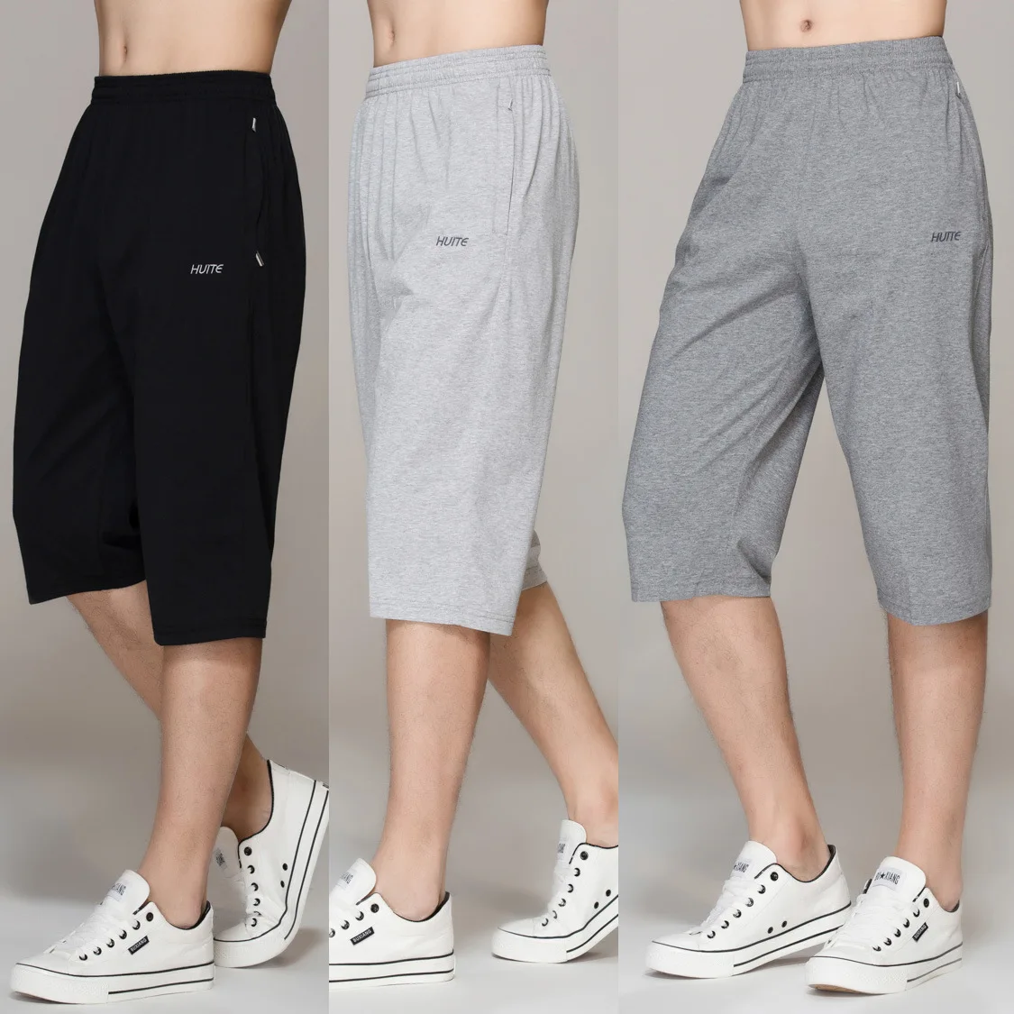 

Summer Thin Section Capri Pants Men's Pure Cotton Breathable Sports Shorts Large Size Capris Breeches Greenish Blue Middle-aged