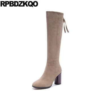 

round toe chunky suede winter european luxury brand shoes women fur knee high 2019 block heel designer boots genuine leather