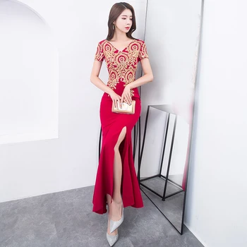 

Bride V-Neck Party Dress Short Sleeve Women Elegant Slim Cheongsam Ankle-Length Wedding Qipao Luxury Long Gown Vestido XS-XXL