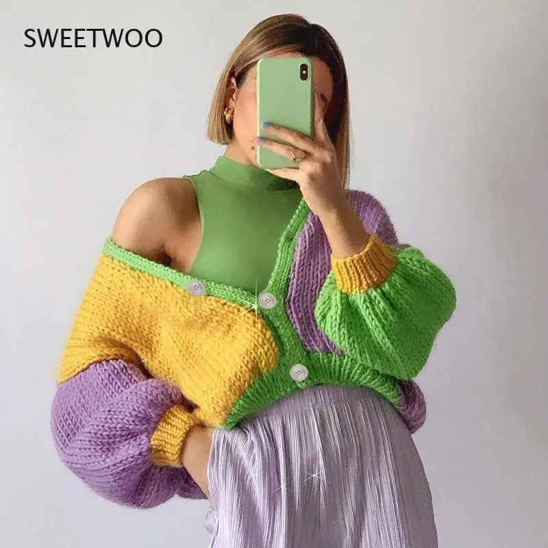 

2021 European and Beautiful Autumn and Winter New Casual Loose Jacket Cardigan Holiday Street Stitching Contrast Sweater Women