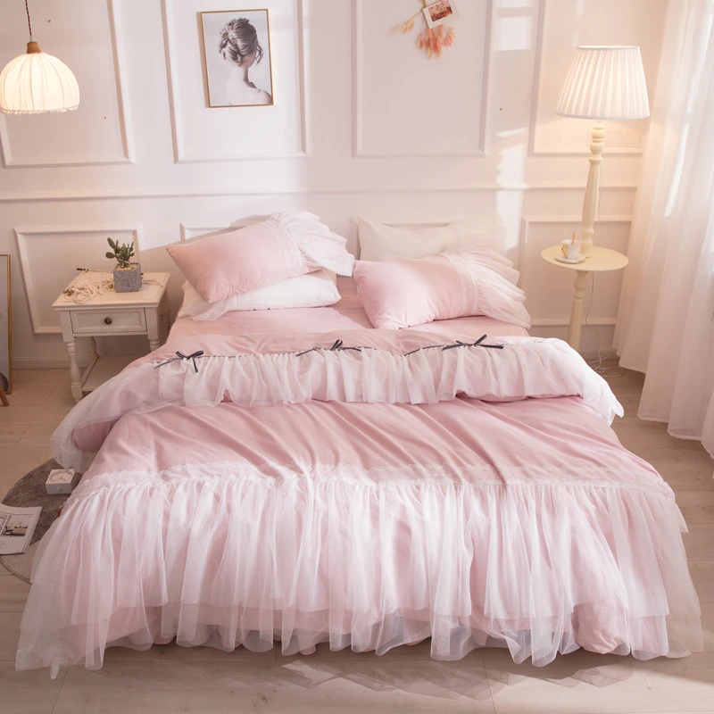 New Cotton lace Bedding Set pink Duvet Cover Bed Linen Tassels Luxury princess bed skirt twin queen king wedding bedclothes | Дом и сад