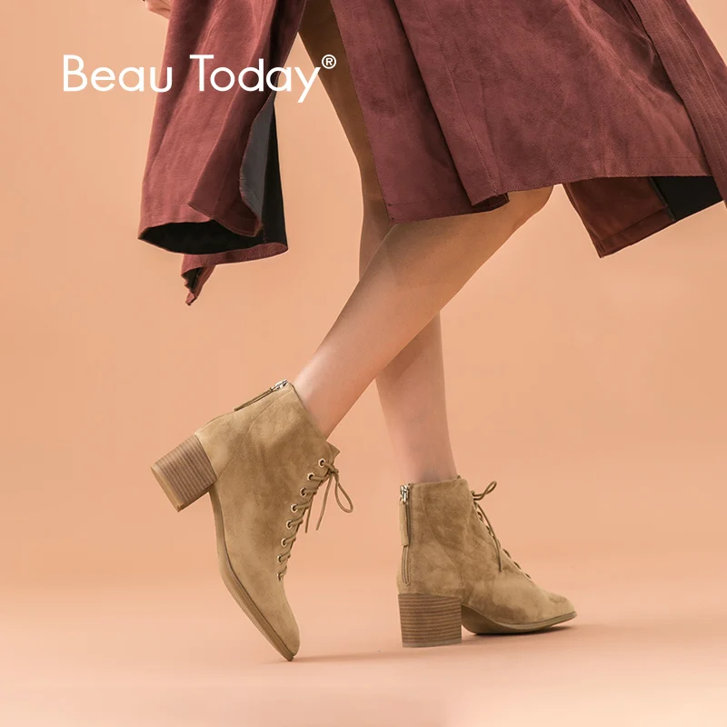 BeauToday 발목 부츠 여성 키즈 스웨이드 가죽 라운드 토 레이스 업 하이힐 부츠, 가을 겨울 숙녀 신발 수제 03361