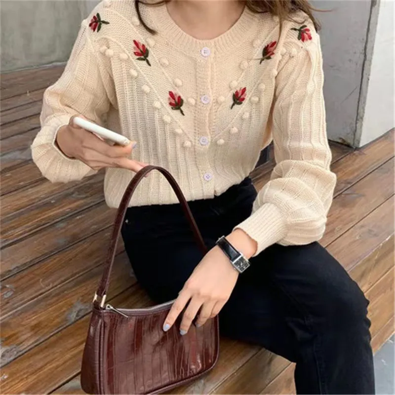 RUGOD Korean New Style O-neck Elegant Knitted Cardigan Flower Embroidery Sweaters Women Fashion