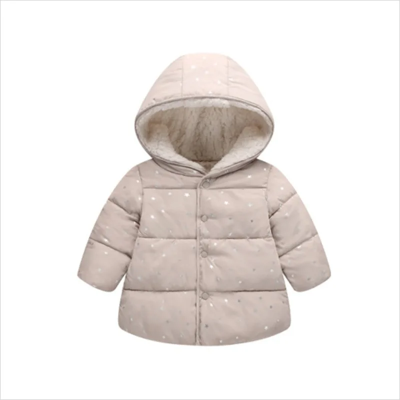 Детская теплая куртка; одежда для маленьких девочек с милым капюшоном; однотонное пальто с принтом звезды для малышей; Детские Зимние Топы