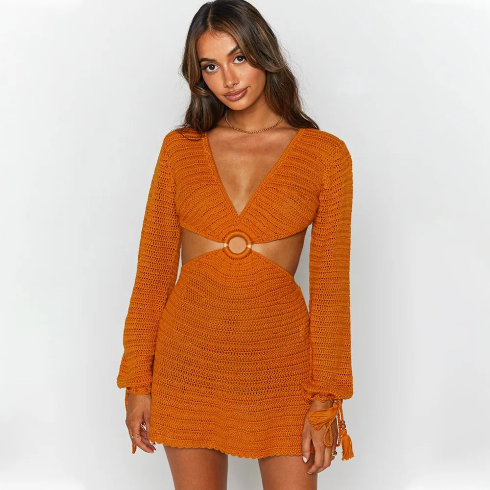 Waliicorners Hollow Out Women V Neck Sexy Party Mini Dresses Casual Knit Stripe Long Sleeve Dress Beach Backless 26 H1f02fd82b79c4e9dbddebd39d7b79ebdD