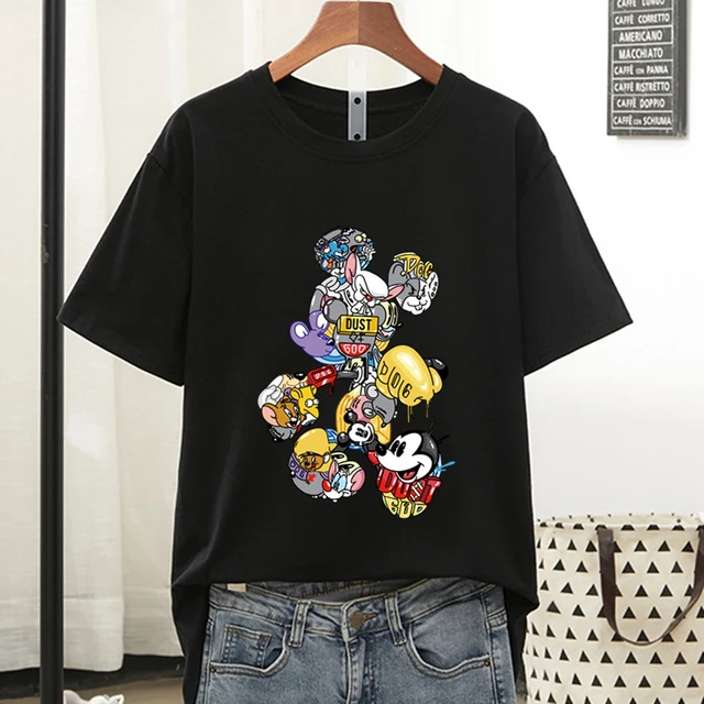 Disney Colorful Mickey Mouse T Shirt Women 2021 Summer Tshirt Graphic Tee Cool Women T-shirt Female Tee Shirt 90s Aesthetic Tops Black
