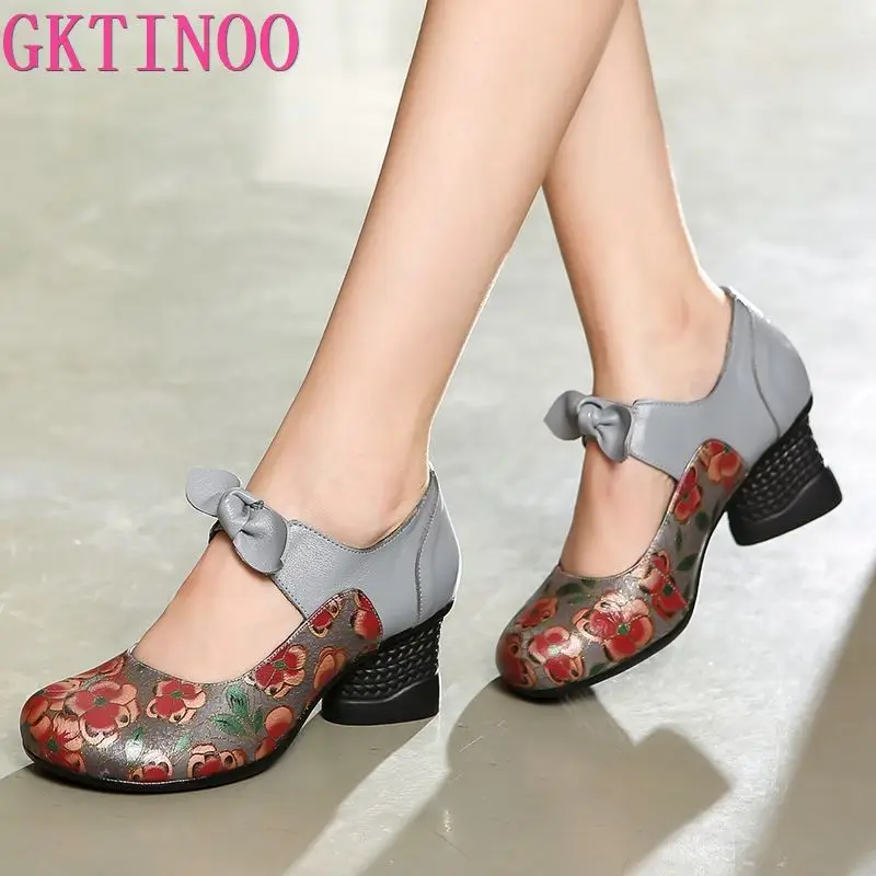 GKTINOO/Новые осенние туфли из натуральной кожи ручной работы с бантом в стиле ретро; женская модная обувь; женская обувь на высоком каблуке; нескользящие женские туфли-лодочки