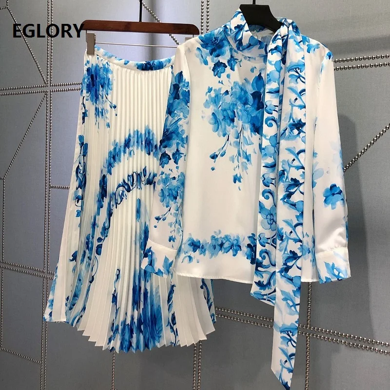 

High Quality Women's Set 2020 Autumn Skirt Suits Ladies Bow Collar Vintage Blue Porcelain Prints Tops Blouse+Mid-Calf Skirt Set