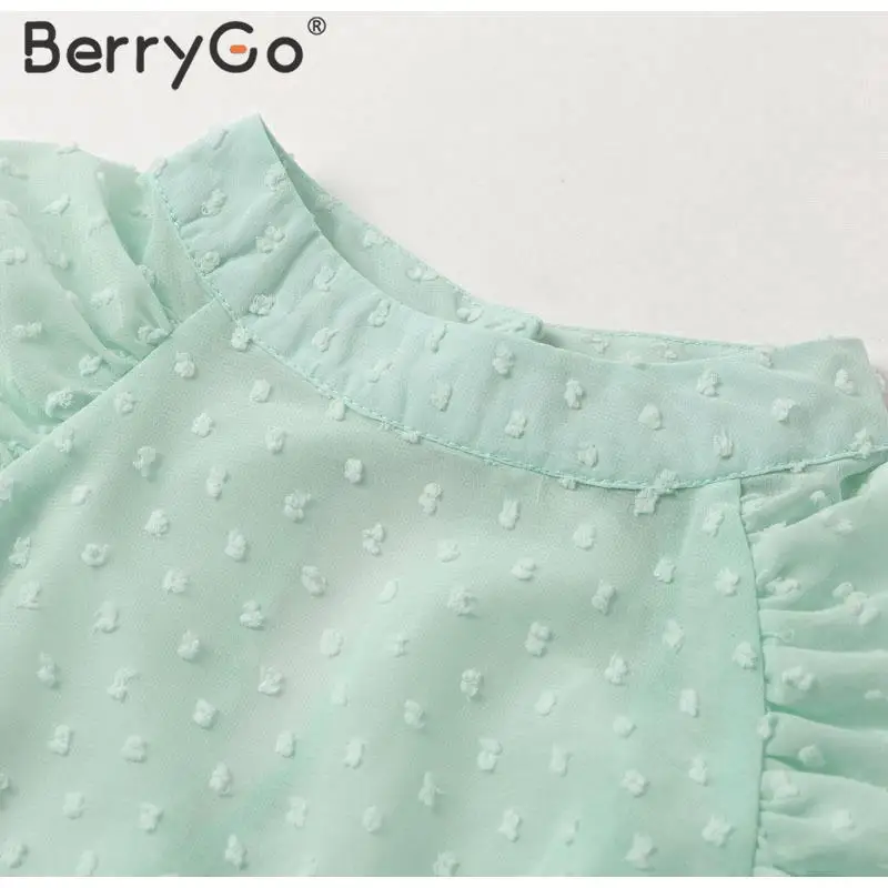 BerryGo Elegant floral embroidery blouse shirt women Streetwear chiffon ladies blouses Turtleneck puff sleeve female  blouse top