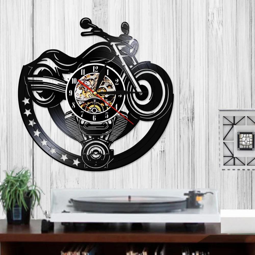 Record Wall Clock Vinyl Wall Clock Garage Motorcycle Vinyl Clock Motorbiker Man Cave Workshop Watch Wandklok with LED Backlight