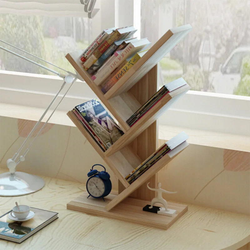 Bookshelf Desk Wooden Display Shelf Creative Study Bookcase Tree Shaped Furniture Decor Book Rack Multi-grid Storage Shelf
