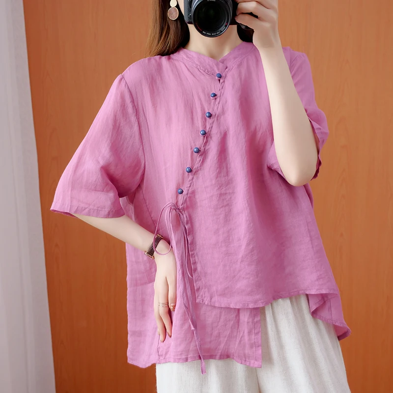 summer-retro-standing-collar-female-shirts-color-buttons-irregular-top-chinese-style-blouse