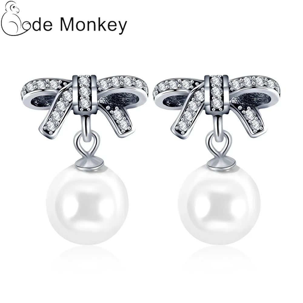 CodeMonkey Лидер продаж Бант Форма инкрустированные жемчужные серьги, из циркона для женщин Свадебные помолвки вечерние ювелирные изделия подарок E594