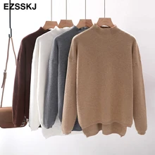 Корейский стиль, свободный свитер, Женский пуловер, Повседневный, половина водолазки, длинный рукав, негабаритный, вязаный свитер, женский джемпер, раздельный, Одноцветный