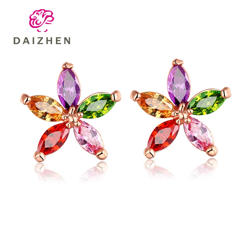

Lady Multicolor Flower Star CZ Rose Gold Color Stud Earrings For Women 5 Multicolor Exquisite Luxury Jewelry Xmas