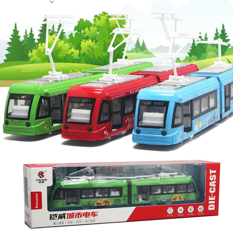 

15cm Simulate Alloy Double-section Urban Environmental Protection Tram Model Children Live Voice Sound Light Pull Back Toys 1:32