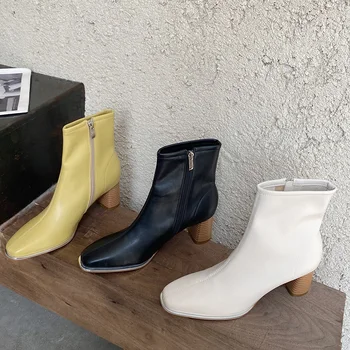 

2020 Winter INS Fashion Women Block High Heels Ankle Boots Yellow Beige Heels Chelsea Boots Soft Leather Square Toe Boots Shoes