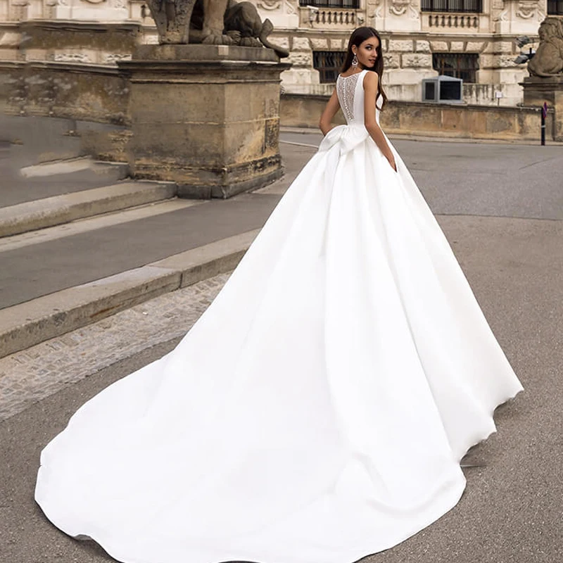 SoDigne Satin African Wedding Dress 2022 Buttons Pockets  A Line Lace Bridal Dresses Princess Wedding Party Gown Plus Size 2