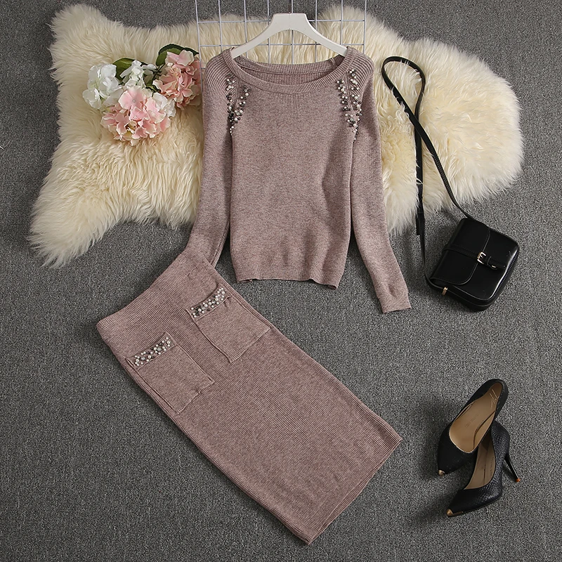 Günstige ALPHALMODA 2019 Winter Neue Frauen Stricken Anzug Perlen Entkernt Luxus Marken Design Stricken Pullover + Bleistift Rock 2 stücke Set