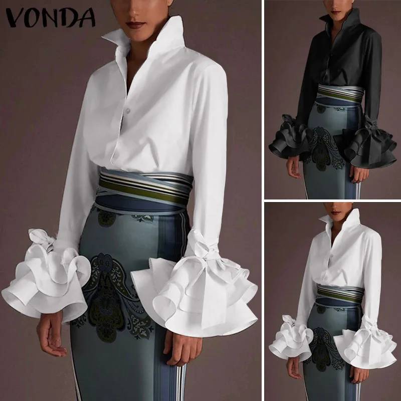 

Autumn Spring Shirts 2020 VONDA Women Sexy Turn-down Collar Flare Sleeve Party Tops Office Bohemian Blouses Casual Solid Blusas