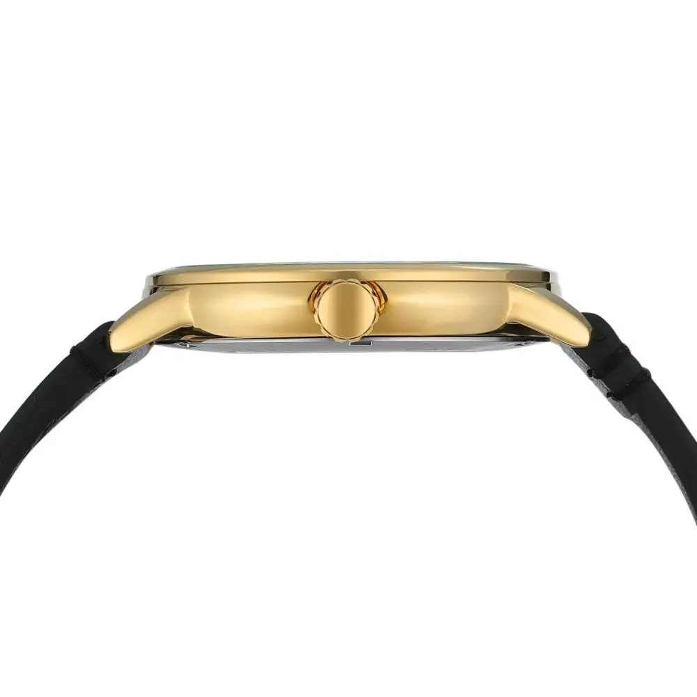 T-WINNER Men's and Women's Watches White Dial Gold Case Black Strap Automatic Mechanical Watch Fashion Simple Casual
