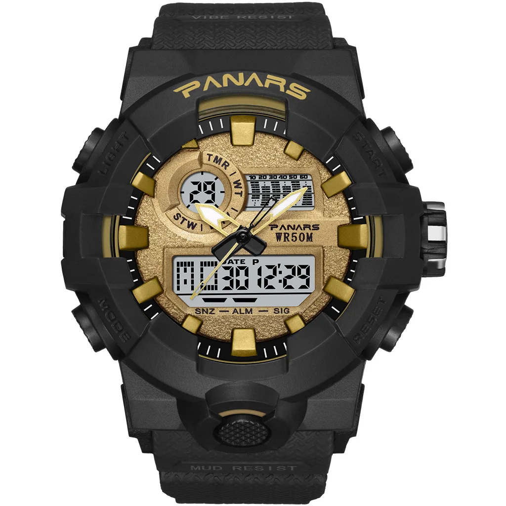 PANARS White Gold Men Digital Watch Sports Watches Men's Watch Led 5Bar Waterproof Double Display Chronograph Electronic Clock