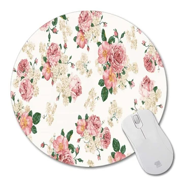 

Non-Slip Supplies Romantic Flowers Mouse Pad Custom Design Round Shape Rubber Base Vintage Easy Clean Durable Soft Cloth Smooth