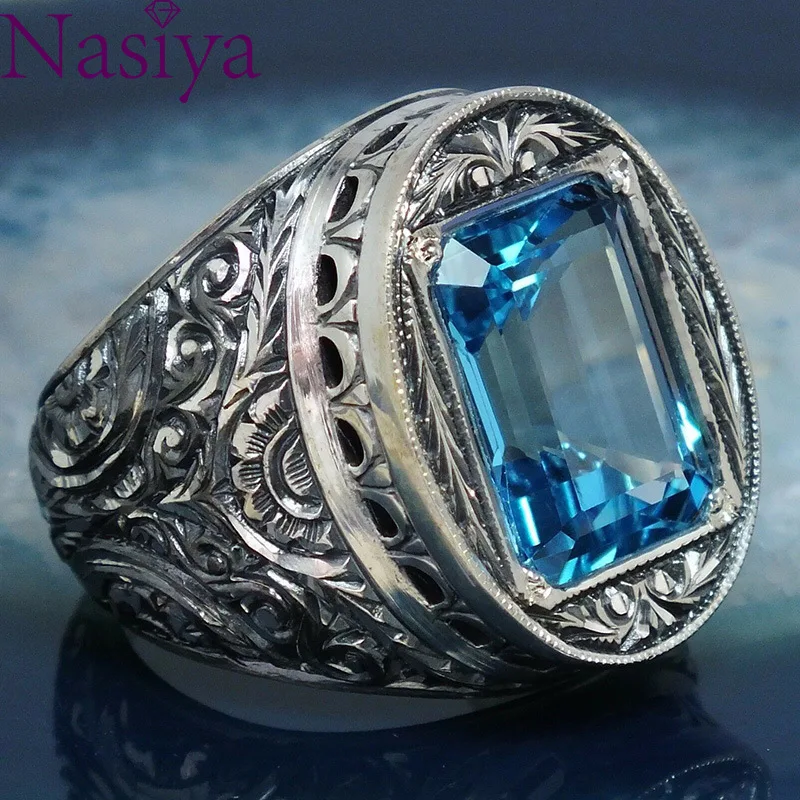 VINTAGE STYLE CARVED Hollow Blue Crystal Ring Luxury Silver Gemstone Jewelry For Men Women Birthday Anniversary Gift VINTAGE STYLE CARVED Hollow Blue Crystal Ring Luxury Silver Gemstone Jewelry For Men Women Birthday Anniversary Gift