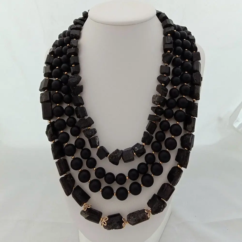 

4 Strands natural Black Tourmaline Rough Matte Onyx Necklace 19