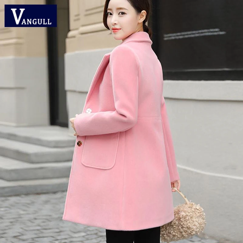 Vangull/зимнее женское Шерстяное Пальто, тонкое однотонное длинное пальто для женщин, Осеннее Новое однобортное шерстяное пальто с длинными рукавами, большие размеры