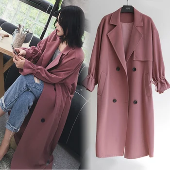 

2020 Spring Autumn Korea Style Loose Long Trench coat Women Double Breasted lace up Vintage Windbreaker Casual Clothing Female