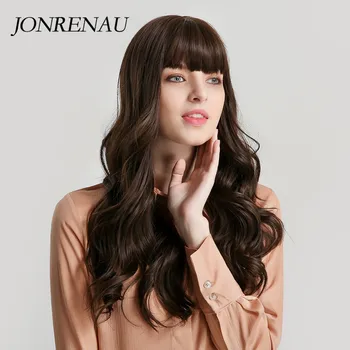 

JONRENAU Long Mix Brown Women Fashion Wig Body Wave Hair Heat Resistant Synthetic Wig with Neat Bangs for Women