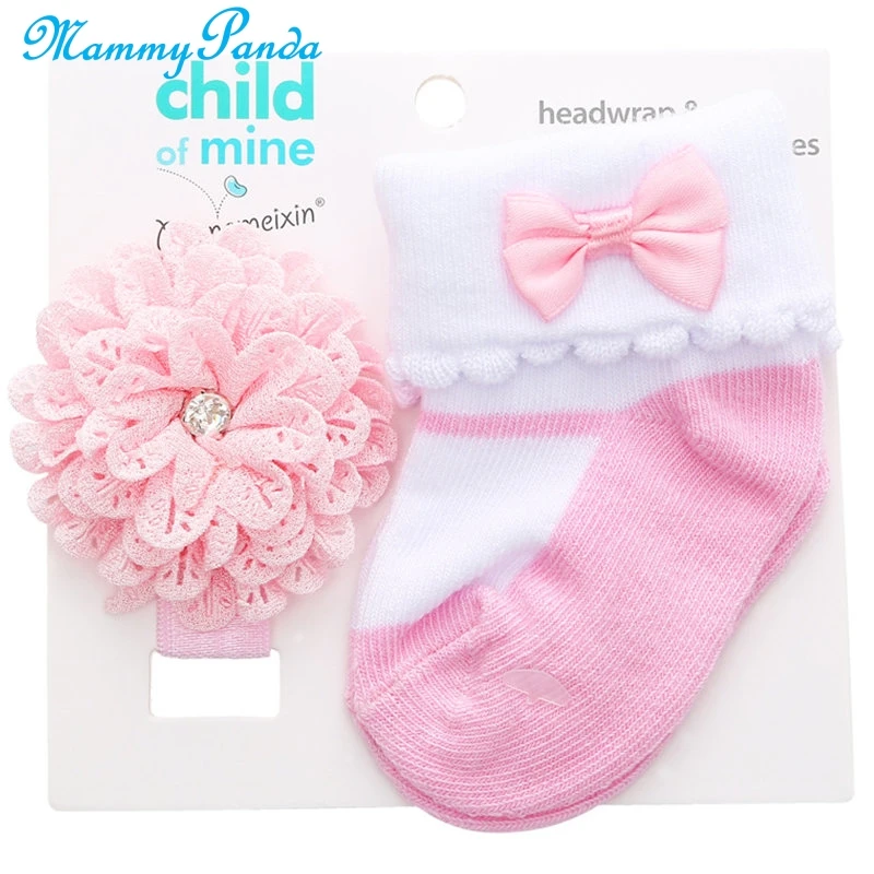 Kid's Socks For Newborns Baby Girl Socks Hair Band Set Cotton Bebe Toddler Socks+ Bow Headband Lace Infant Birthday Gift 0-12M