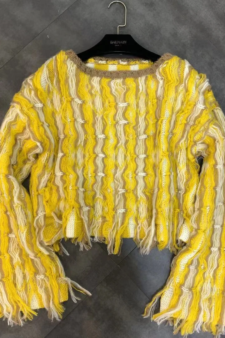 Зимний желтый свитер с длинными рукавами и круглым вырезом, Женский вязаный свитер с бахромой