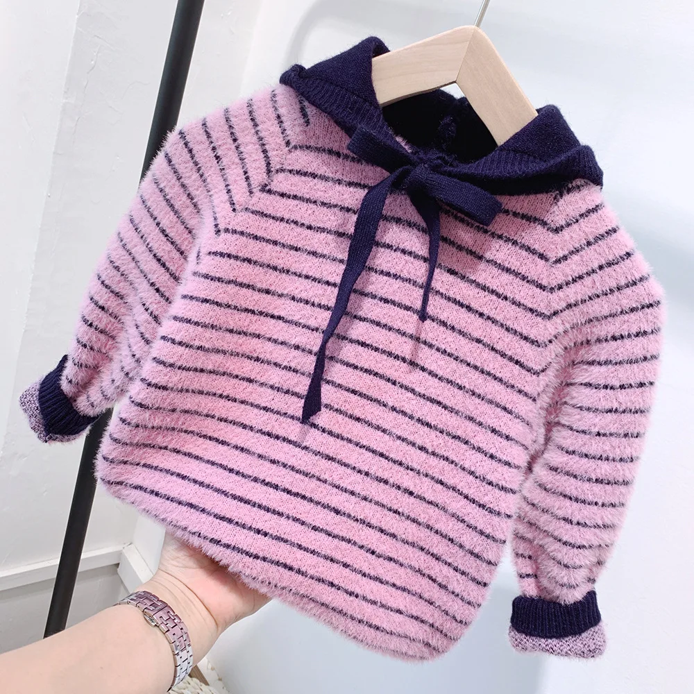 Children's boys and girls hooded hooded striped sweater - Цвет: Розовый