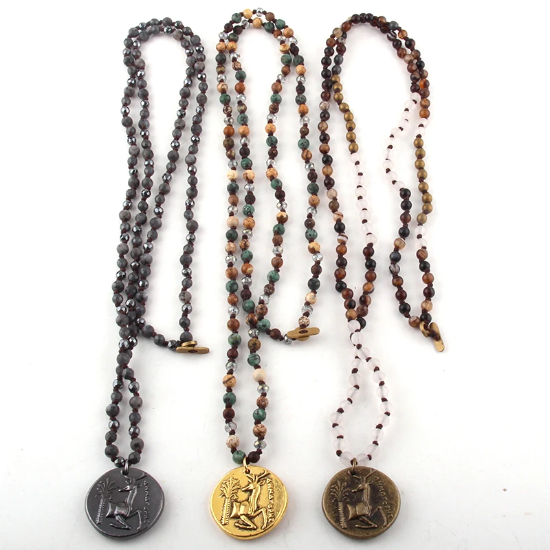 

Fashion Bohemian Tribal Jewelry 4mm Natural Stones Long Knotted Metal Deer Pendant Necklaces Women Necklace