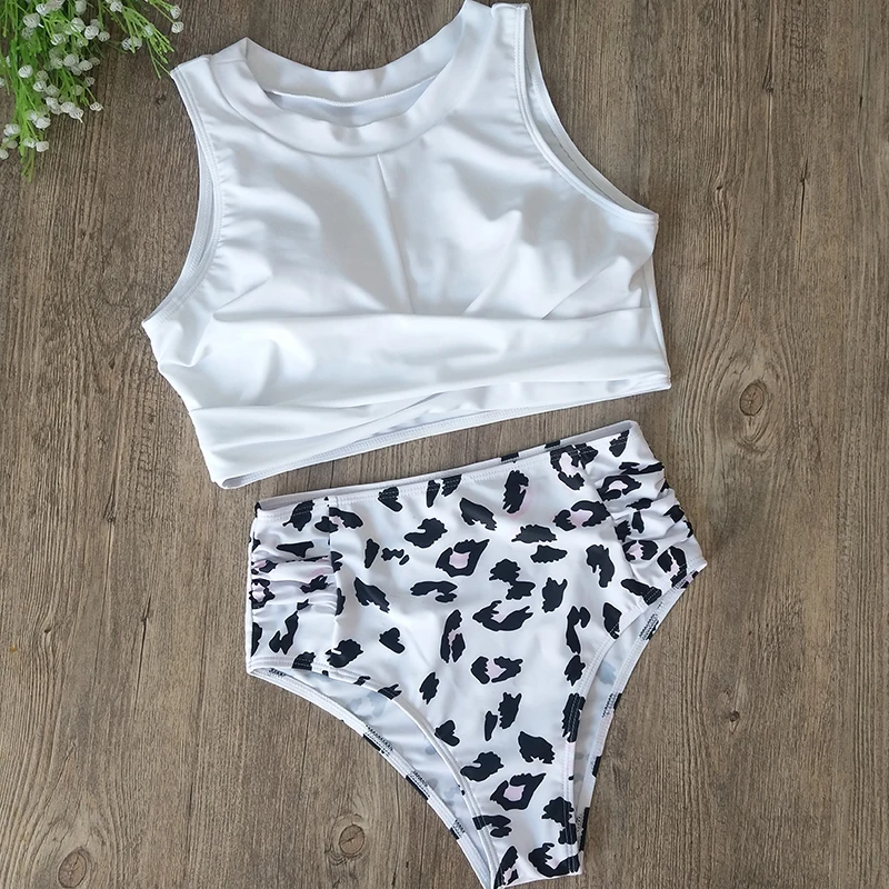 

Women Bikinis 2019 New Leopard Swimsuit Women High Neck Women Swimwear Net Brazilian Bikini Beach Swimming Suit White