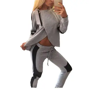 

5284 # Slim Fit Sexy Navel Contrast Color Long Sleeve Sports Set Irregular Joint Set 2020 New