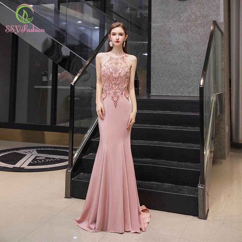 SSYFashion New High end Pink Mermaid Evening Dress Luxury Halter Backless  Beading Sexy Slim Long Formal Gowns Vestidos De Noche|Evening Dresses| -  AliExpress