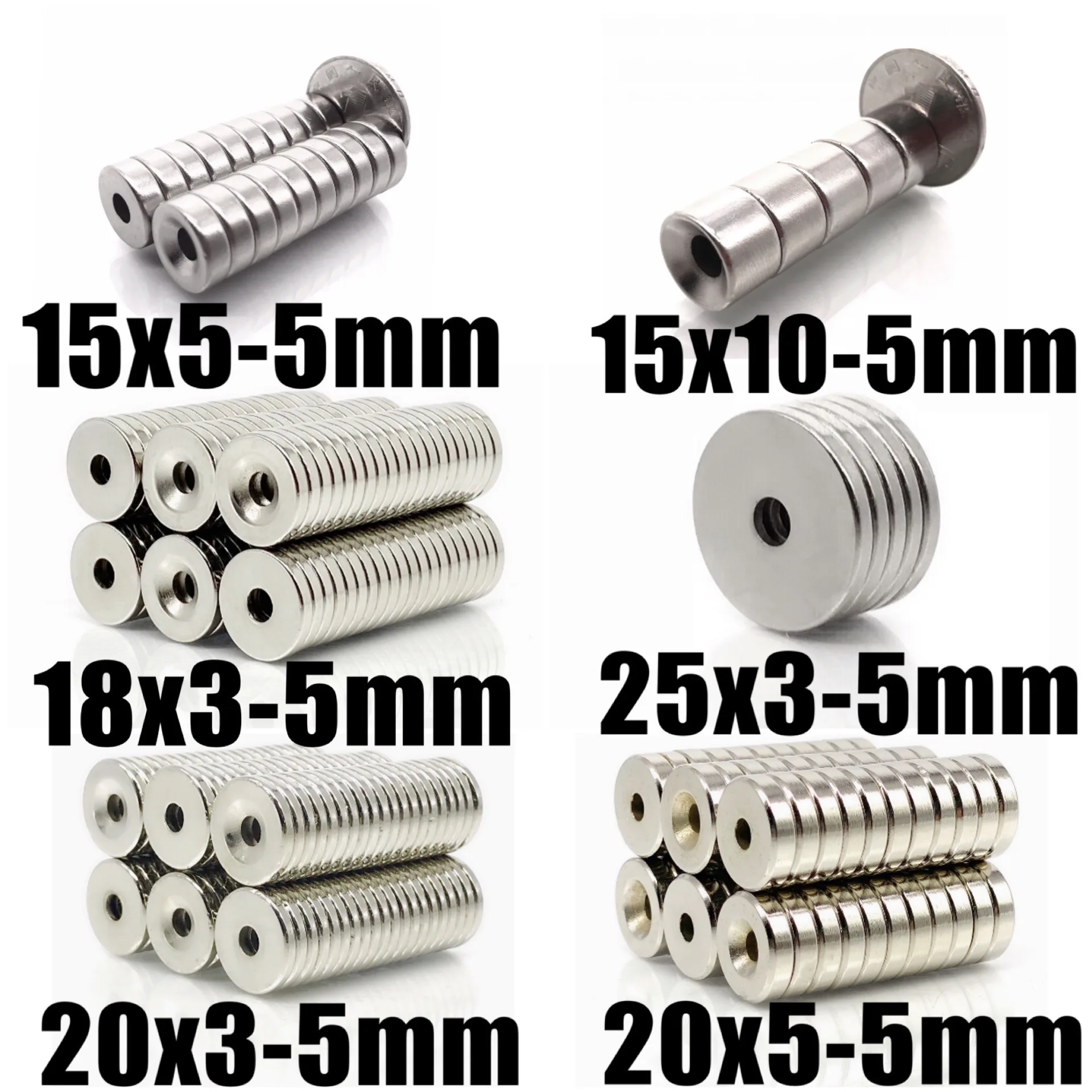 

Круглый магнит с потайной головкой, 15x5, 15x10, 18x3, 20x3, 20x5, 25x3, отверстие 5 мм, N35, NdFeB