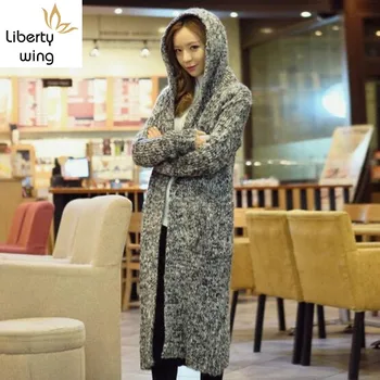 

Winter Womens Hooded Cardigan Full Length Knitwear Long Coat Jacket Female New Fashion Cotton Sweater Free Size