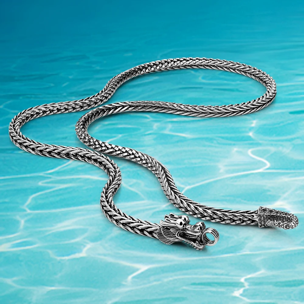 Men's 925 Thai Silver Chain Necklace Ethnic Dragon Design Craft 925