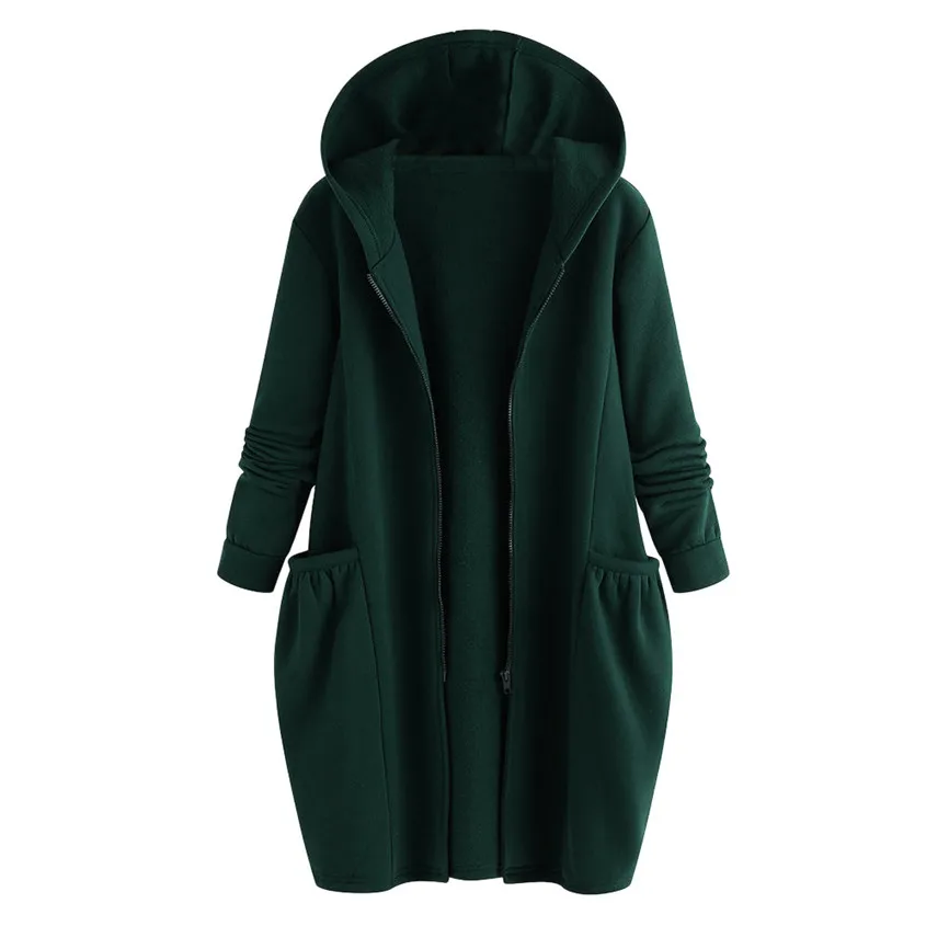 Верхняя одежда женская зимняя теплая Femme однотонное пальто с карманами и капюшоном корейское модное пальто средней длины осеннее зимнее повседневное пальто с капюшоном A9 - Цвет: Green