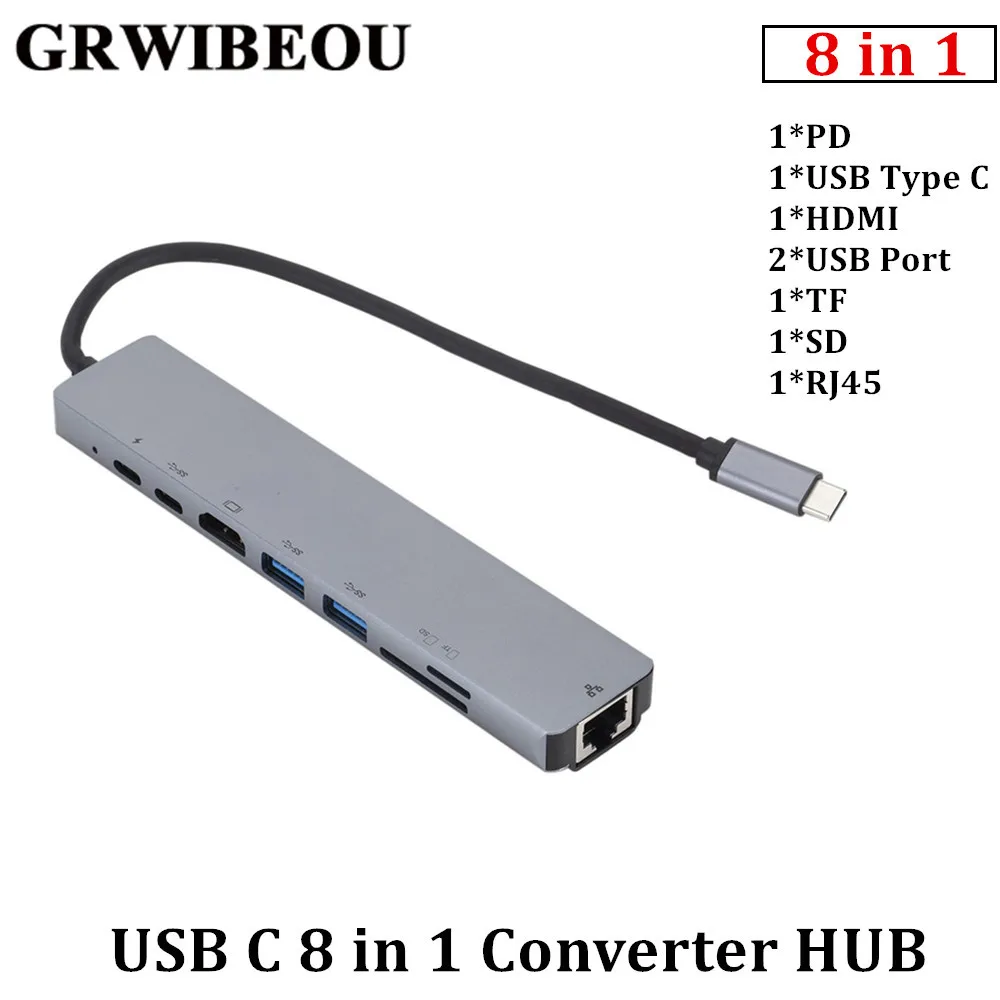 USB-концентратор Grwibeou 8 в 1 USB C-HDMI 3 0 кардридер RJ45 SD/TF | Компьютеры и офис